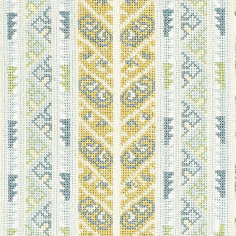Woven textile with vertical stripes: mustard yellow central column with blue floral motifs, pale blue and green accents.