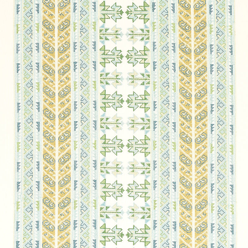 Woven fabric with vertical stripes in white, pale blue and yellow, featuring green geometric leaf motifs for home decor.