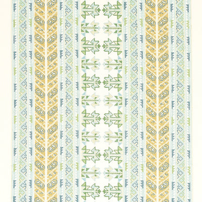 Woven fabric with vertical stripes in white, pale blue and yellow, featuring green geometric leaf motifs for home decor.
