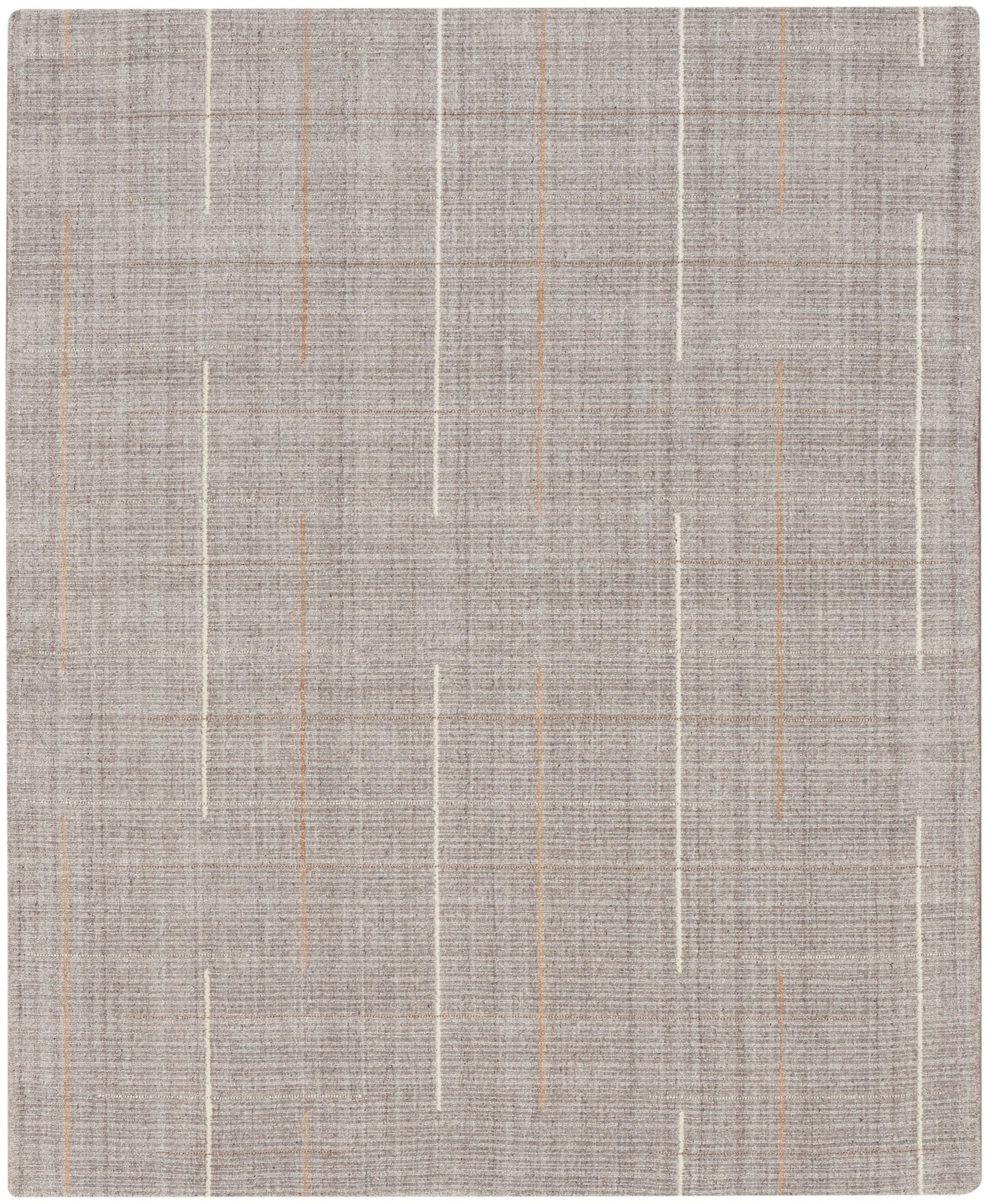Beige-gray woven area rug with slender white and tan vertical streaks.