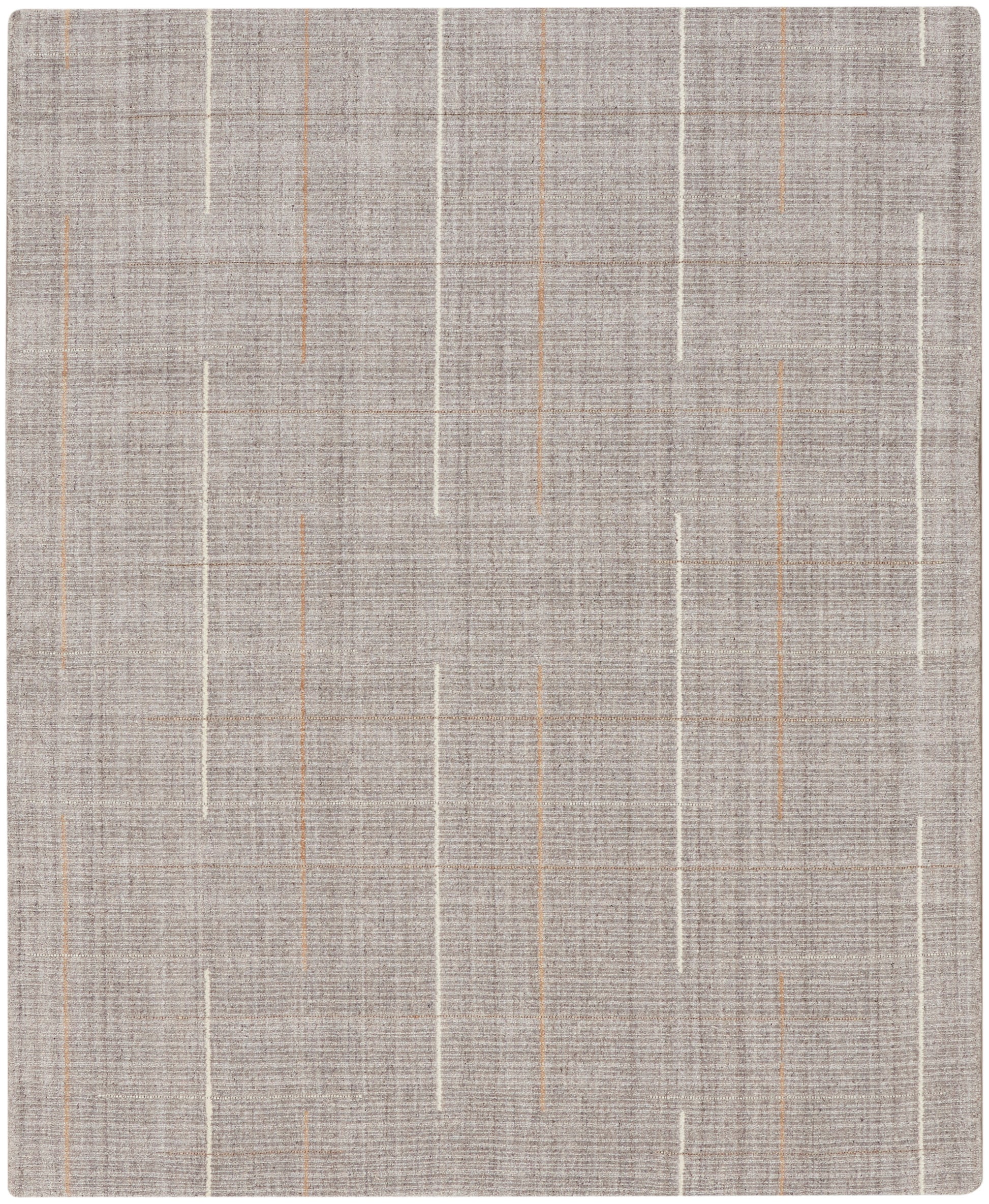 Beige-gray woven area rug with slender white and tan vertical streaks.