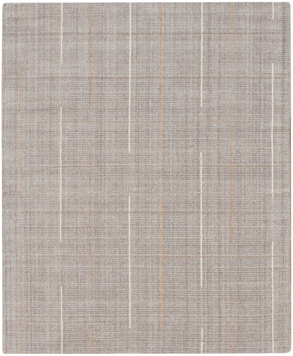 Beige-gray woven area rug with slender white and tan vertical streaks.