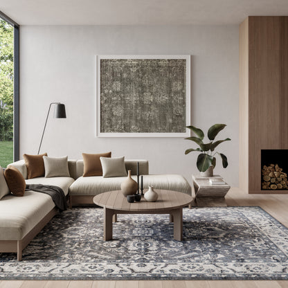 Vintage beige and blue-gray rug.