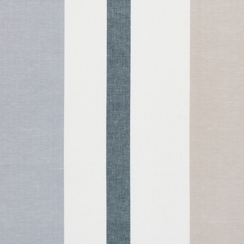 Fabric swatch with vertical color blocks: pale blue-gray, white, denim blue, white, and beige; linen-textured.