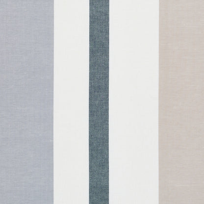 Fabric swatch with vertical color blocks: pale blue-gray, white, denim blue, white, and beige; linen-textured.