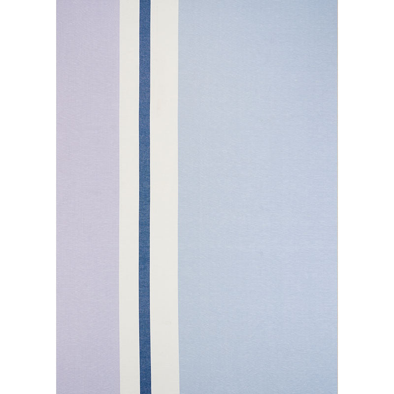Pastel linen stripe embroidery fabric with lavender, lilac, ivory, navy blue and pale blue vertical stripes in a modern panel design.