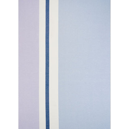 Pastel linen stripe embroidery fabric with lavender, lilac, ivory, navy blue and pale blue vertical stripes in a modern panel design.