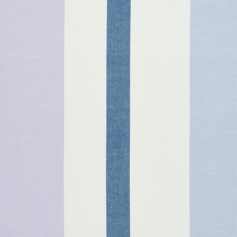 Vertical striped fabric: lavender, white, cobalt-blue center stripe, pale blue edges; linen-like texture.