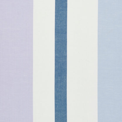 Vertical striped fabric: lavender, white, cobalt-blue center stripe, pale blue edges; linen-like texture.