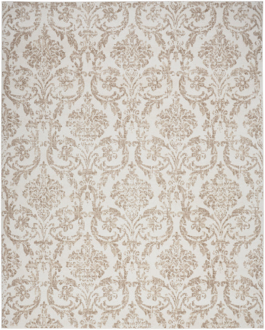 Rectangular beige damask patterned area rug with taupe floral scroll motif; classic decorative rug.