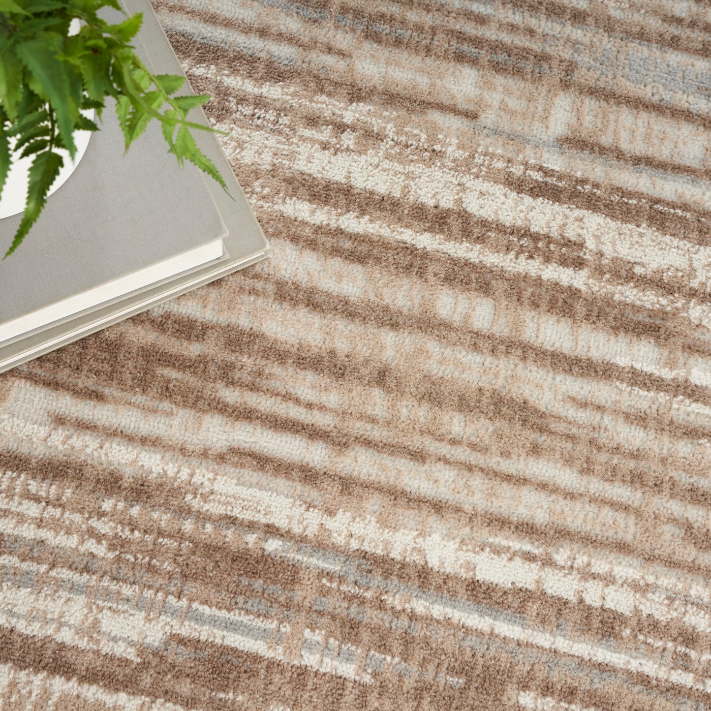 Soft, low-pile beige-brown abstract striped rug; modern decor style, shown with a green fern and stacked books.