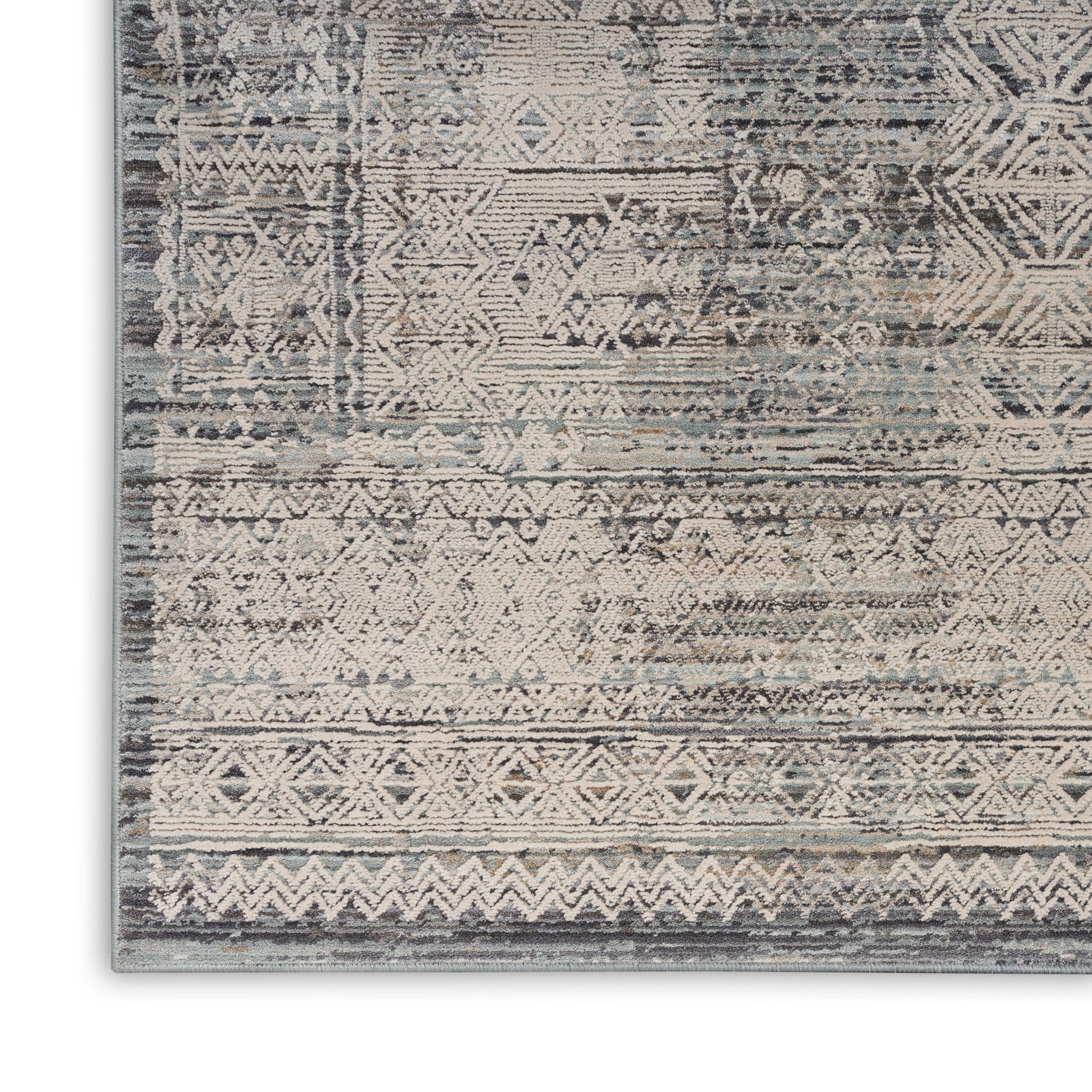 Distressed blue-gray and beige geometric runner with tribal diamonds and a vintage wash.