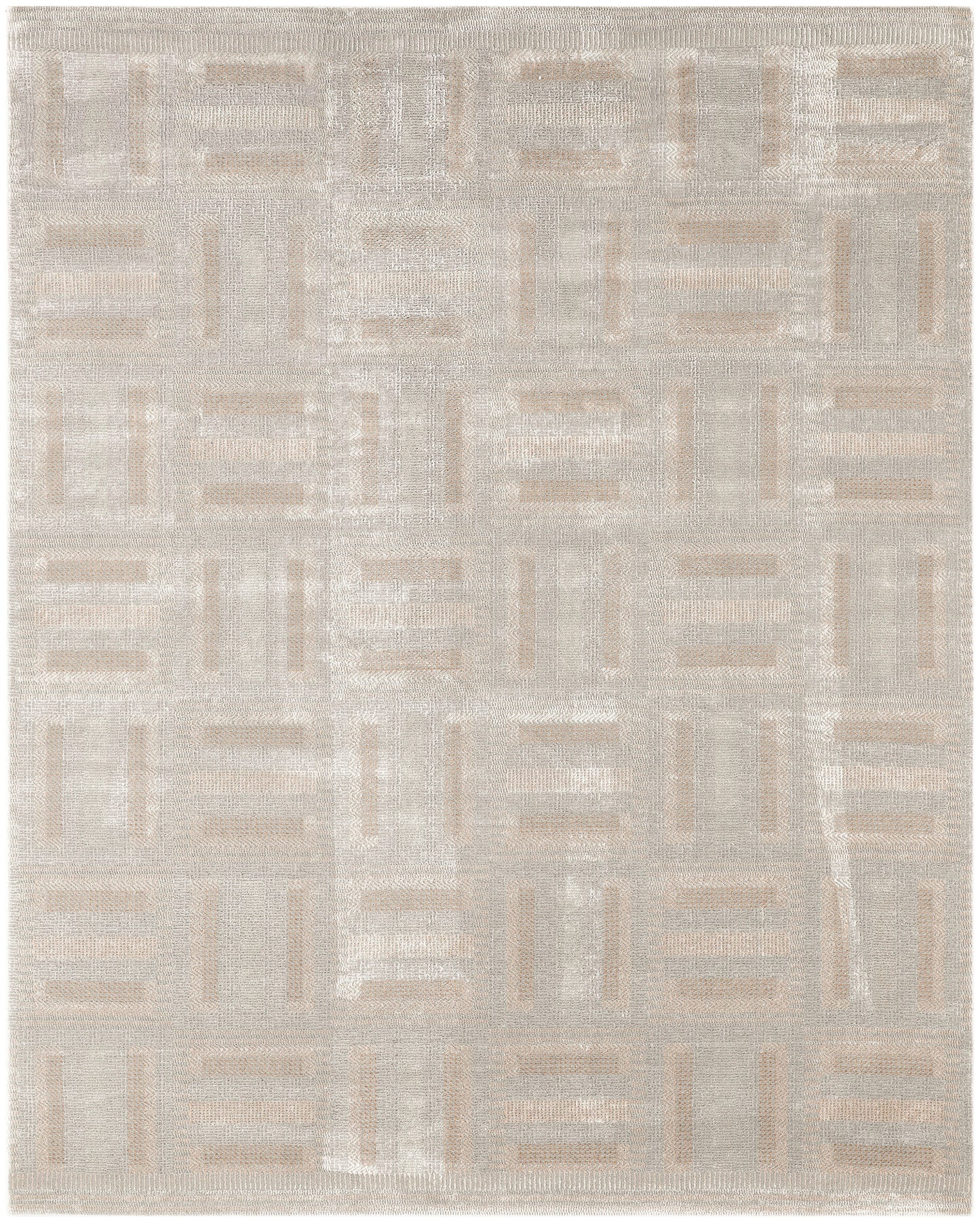 Rectangular beige woven area rug with taupe and ivory geometric block pattern; modern neutral decor.