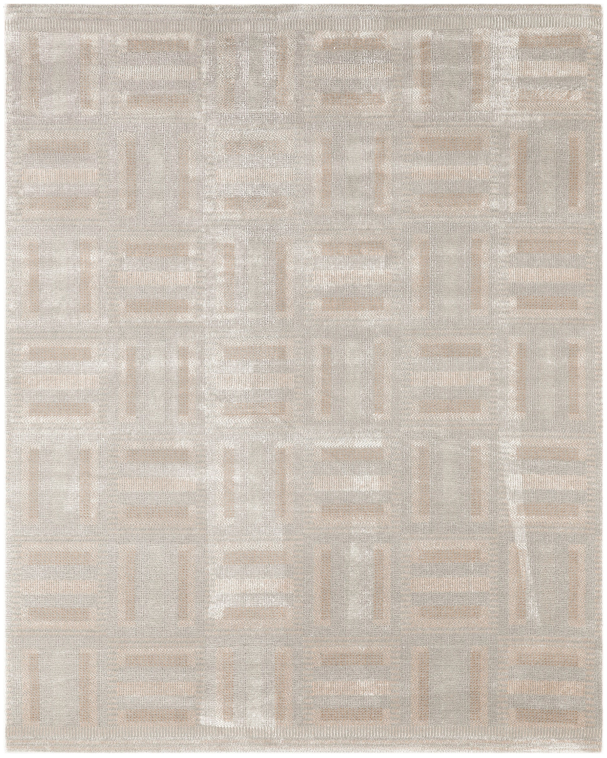Rectangular beige woven area rug with taupe and ivory geometric block pattern; modern neutral decor.