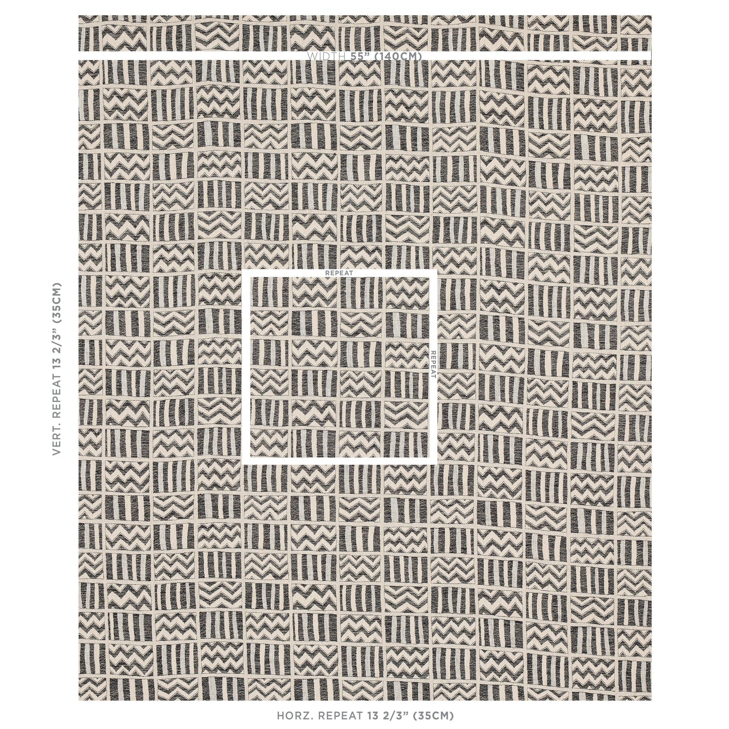 Beige and black geometric woven rug with repeating square blocks of chevrons and stripes; versatile rug or throw.
