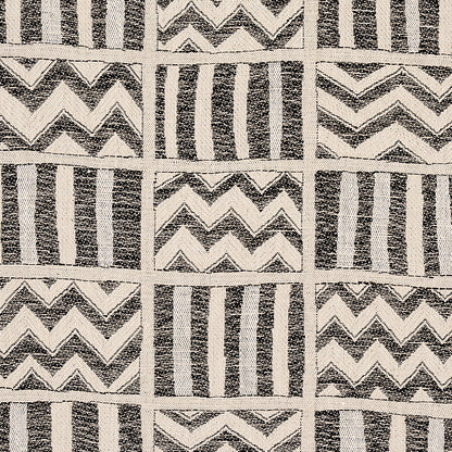 Monochrome fabric pattern in a grid of squares featuring vertical stripes and zigzag chevrons in black on cream.