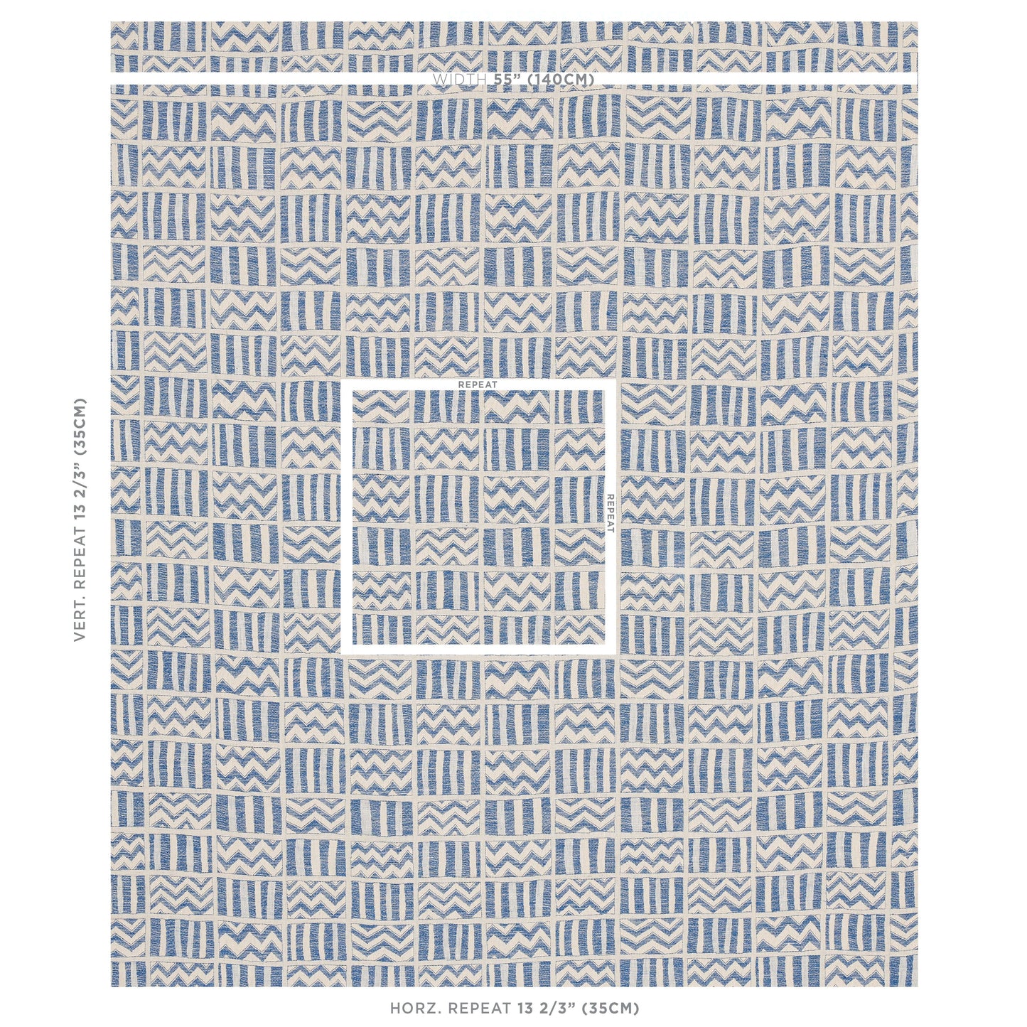 Blue and white geometric woven pattern with chevrons and vertical stripes; woven fabric swatch.