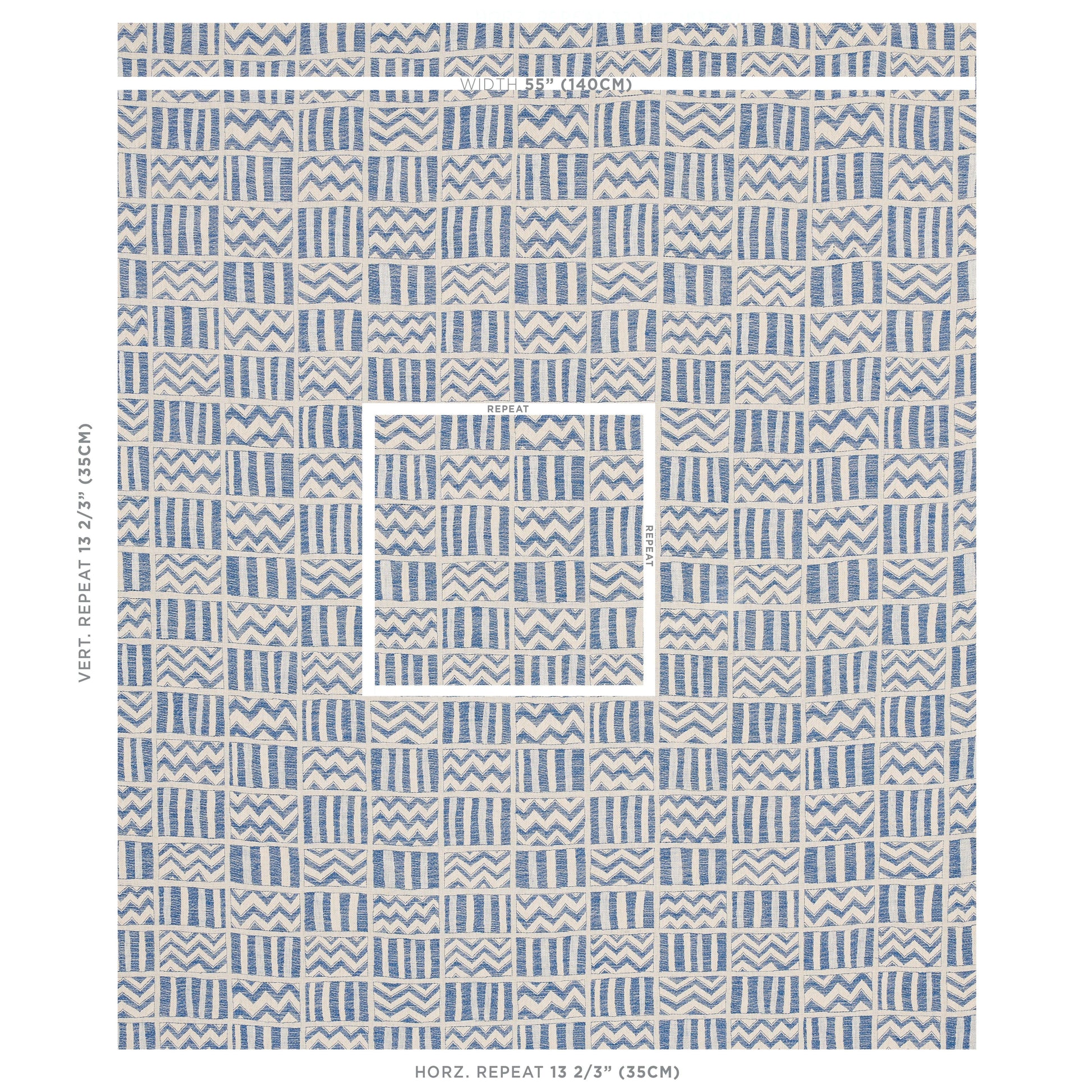 Blue and white geometric woven pattern with chevrons and vertical stripes; woven fabric swatch.