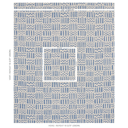 Blue and white geometric woven pattern with chevrons and vertical stripes; woven fabric swatch.