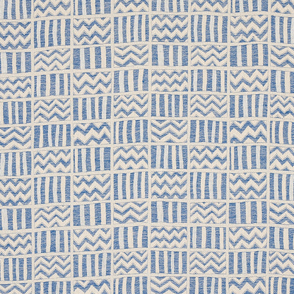 Blue and ivory woven textile with small square blocks featuring vertical stripes or chevrons, quilt-like pattern.