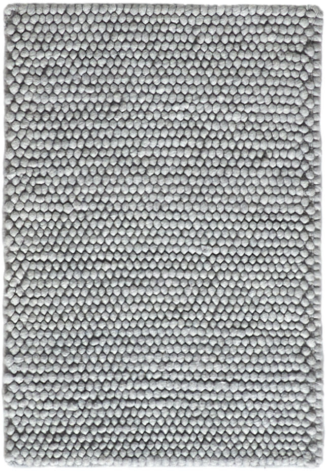 Light gray textured rug with dense pebble-like loop pile; rectangular plush microfiber for cozy living spaces.