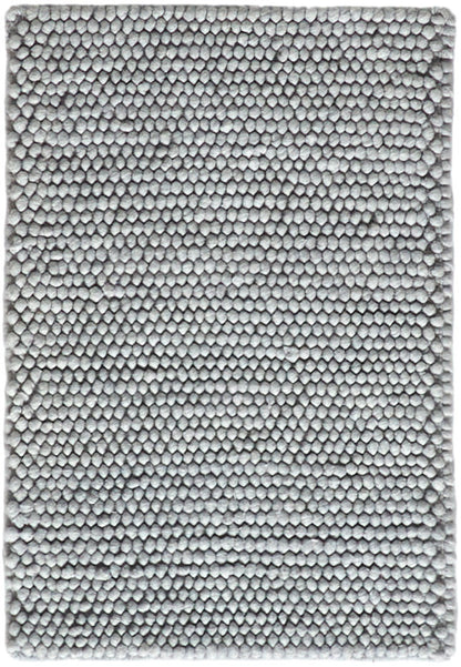 Light gray textured rug with dense pebble-like loop pile; rectangular plush microfiber for cozy living spaces.