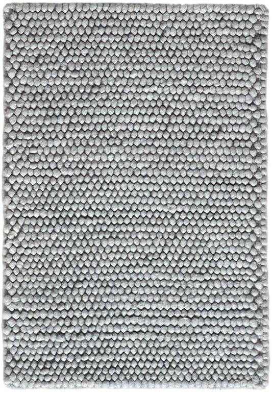 Light gray textured rug with dense pebble-like loop pile; rectangular plush microfiber for cozy living spaces.