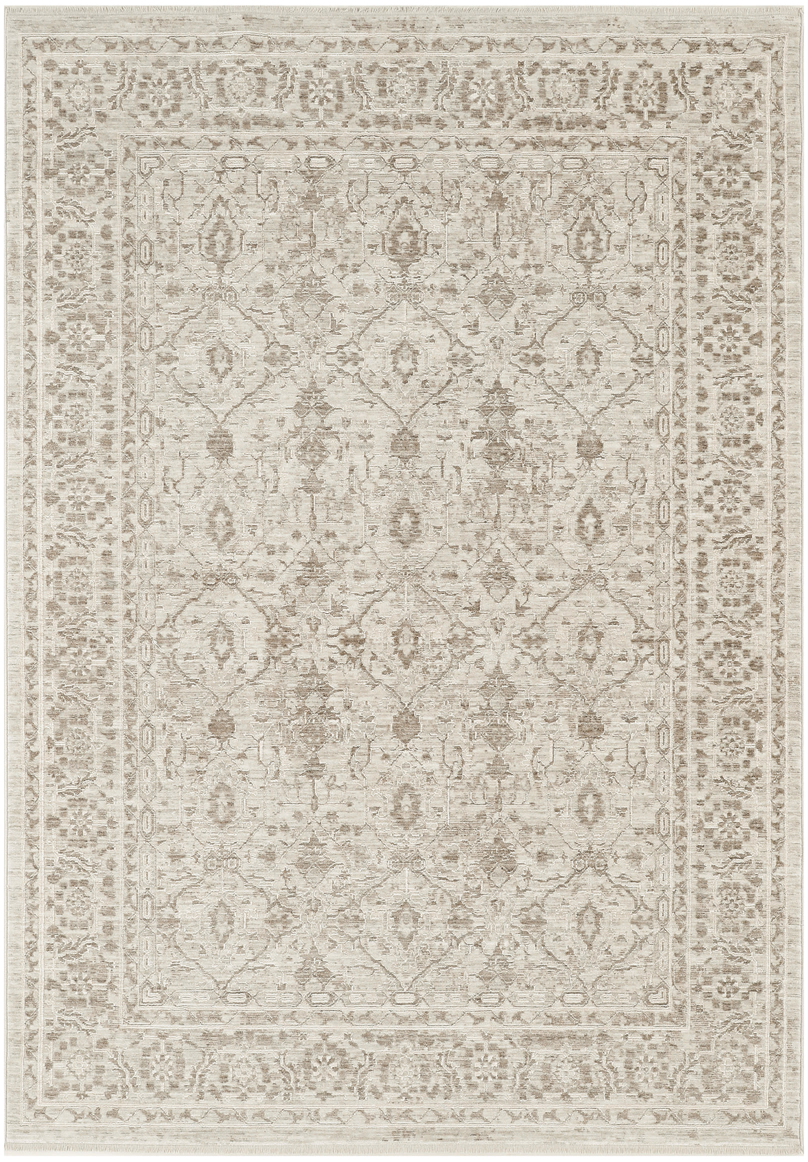 Beige distressed oriental rug with intricate lattice and floral motifs and double bordered frame, vintage-weave look.