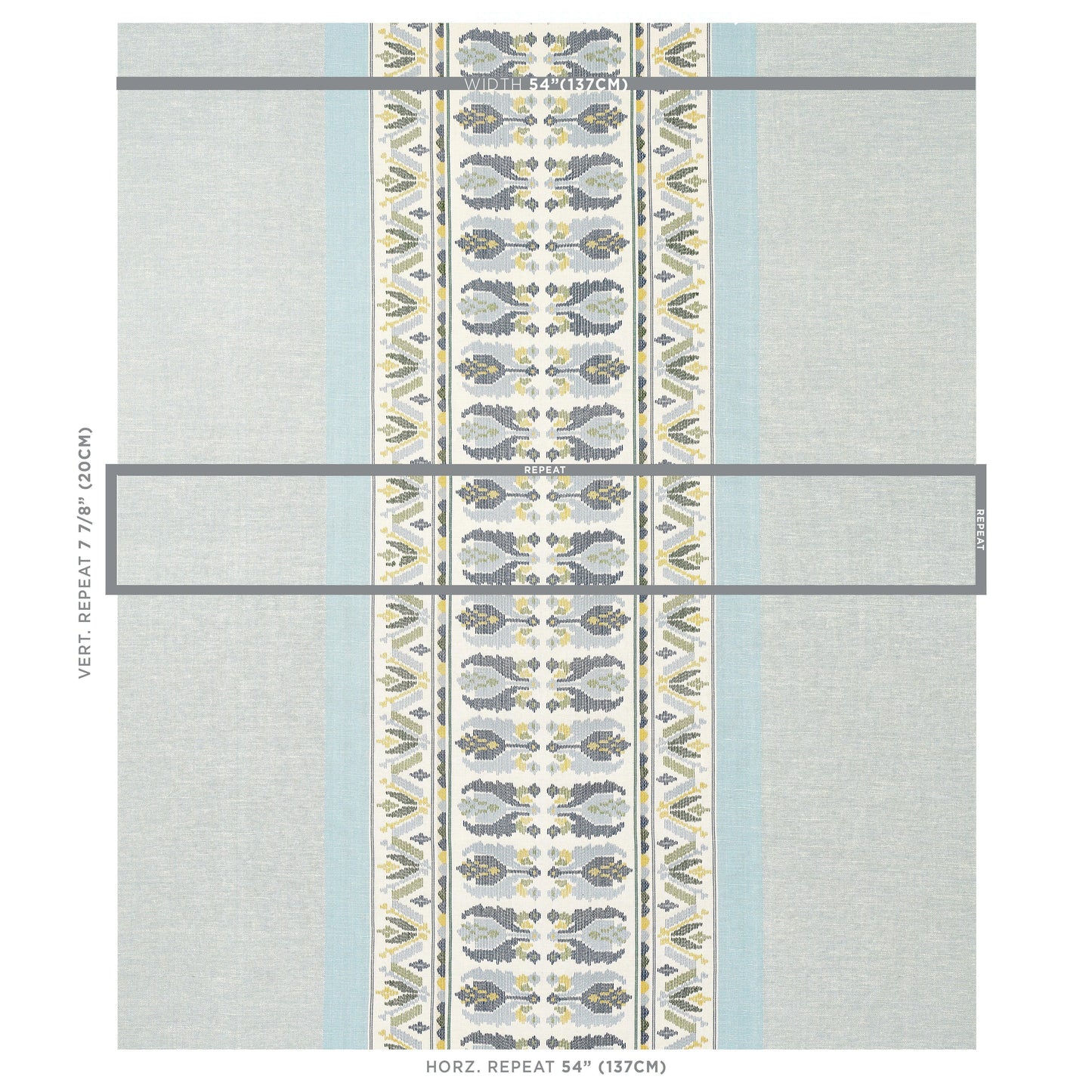 Gray fabric with a central decorative vertical stripe of blue, ivory and yellow motifs, flanked by pale blue borders.