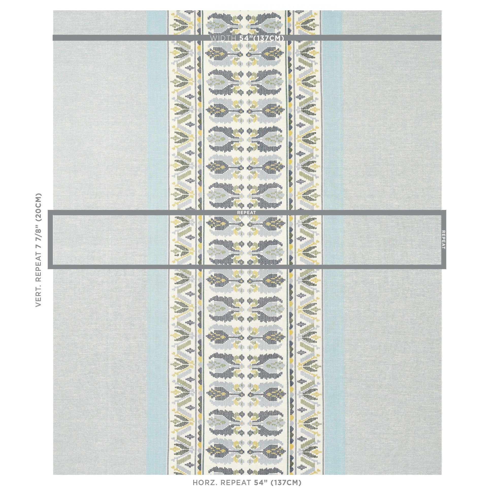 Gray fabric with a central decorative vertical stripe of blue, ivory and yellow motifs, flanked by pale blue borders.