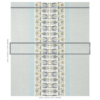 Gray fabric with a central decorative vertical stripe of blue, ivory and yellow motifs, flanked by pale blue borders.