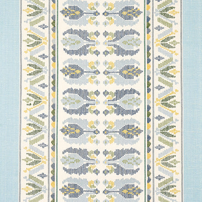 Woven rug runner with pale blue sides, central repeating blue-gray damask motifs, yellow accents and green borders.