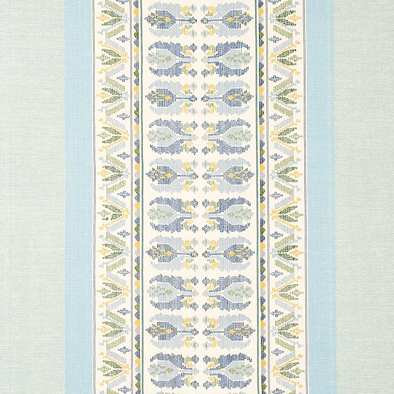 Long blue floral damask rug runner with pale blue side borders and yellow-green vine motifs.