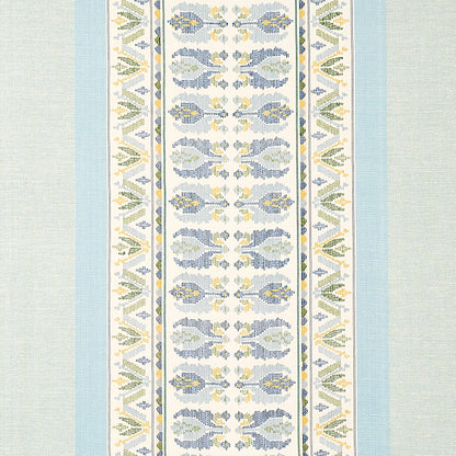 Long blue floral damask rug runner with pale blue side borders and yellow-green vine motifs.