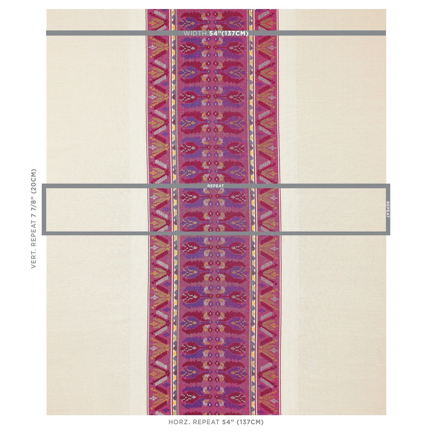 Beige fabric with central magenta-purple geometric woven stripe; decorative trim for upholstery or apparel.