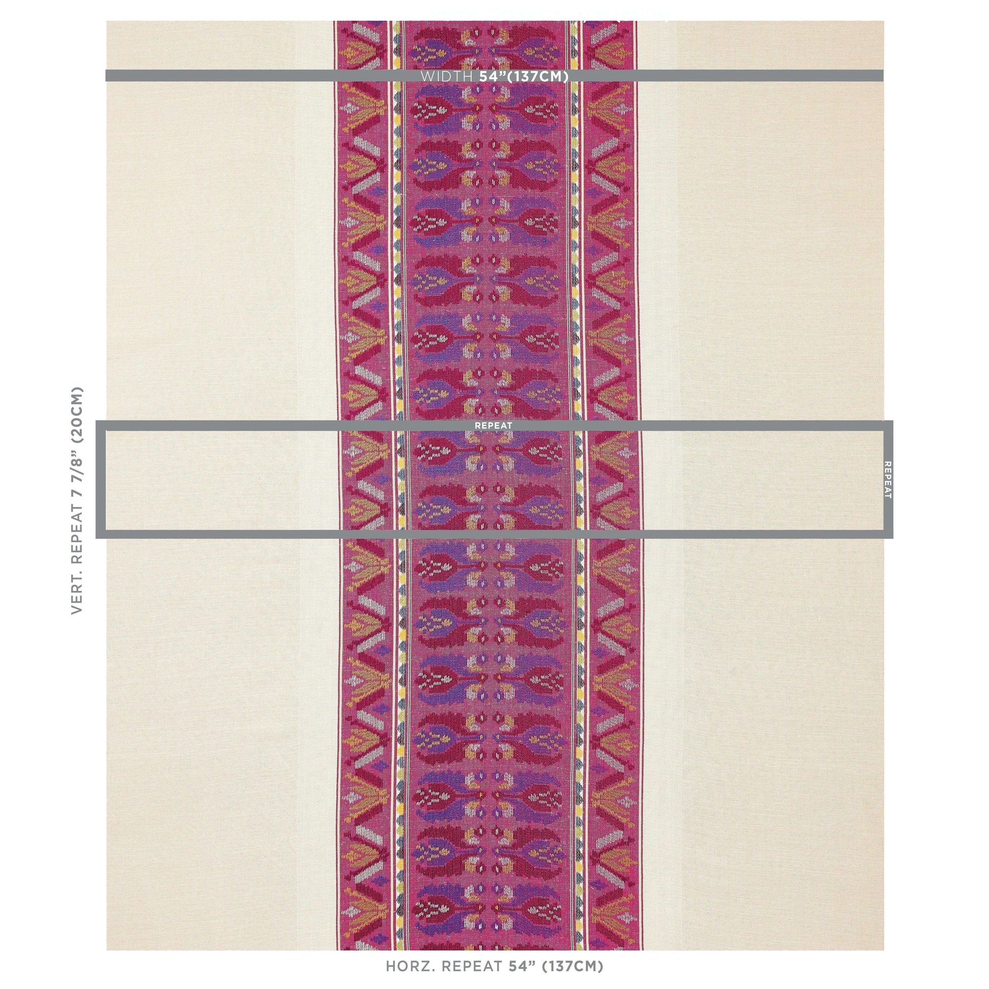 Beige fabric with central magenta-purple geometric woven stripe; decorative trim for upholstery or apparel.