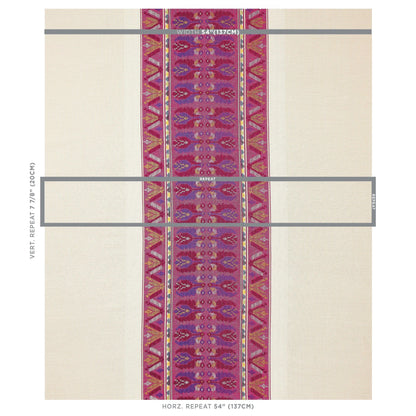 Beige fabric with central magenta-purple geometric woven stripe; decorative trim for upholstery or apparel.