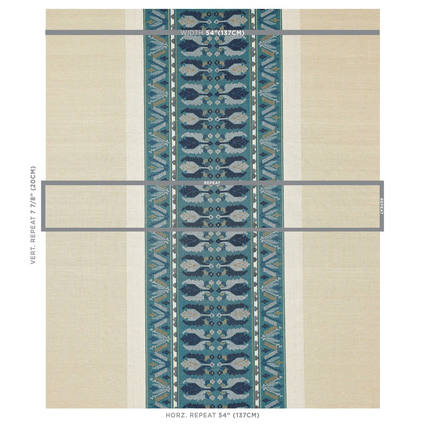 Beige background runner rug with teal central geometric stripe and turquoise accents; indoor floor decor.