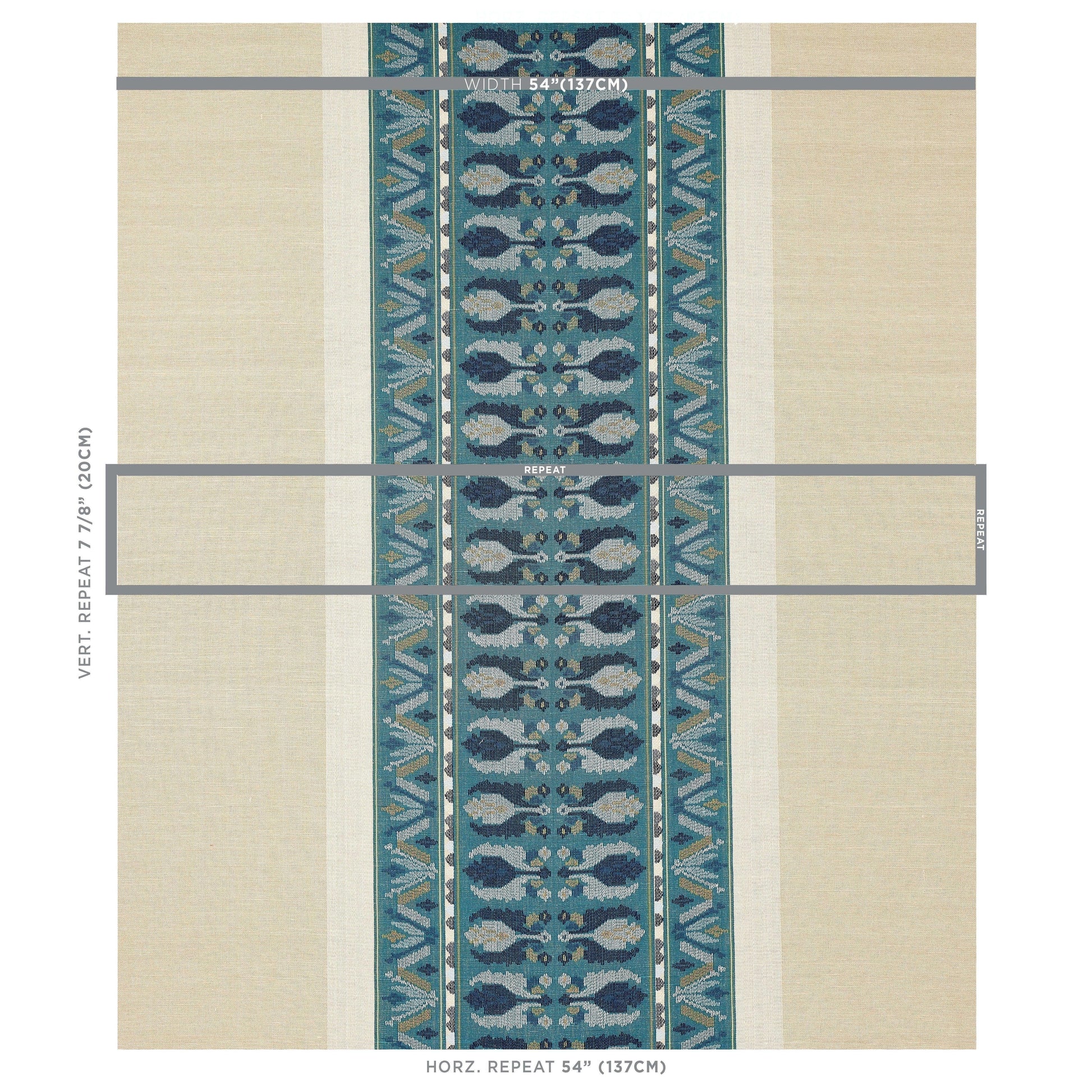 Beige background runner rug with teal central geometric stripe and turquoise accents; indoor floor decor.
