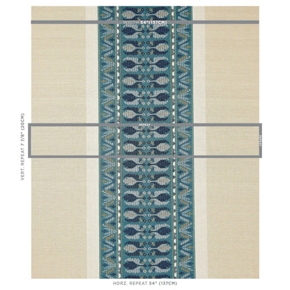 Beige background runner rug with teal central geometric stripe and turquoise accents; indoor floor decor.