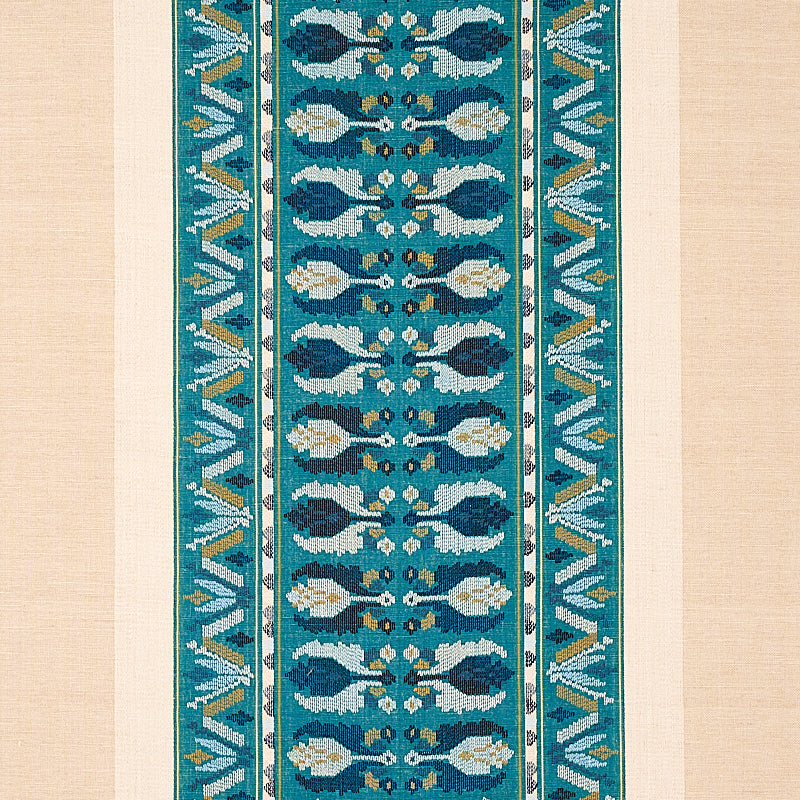Teal and turquoise patterned runner rug, narrow vertical strip with white floral motifs and turquoise borders on beige.