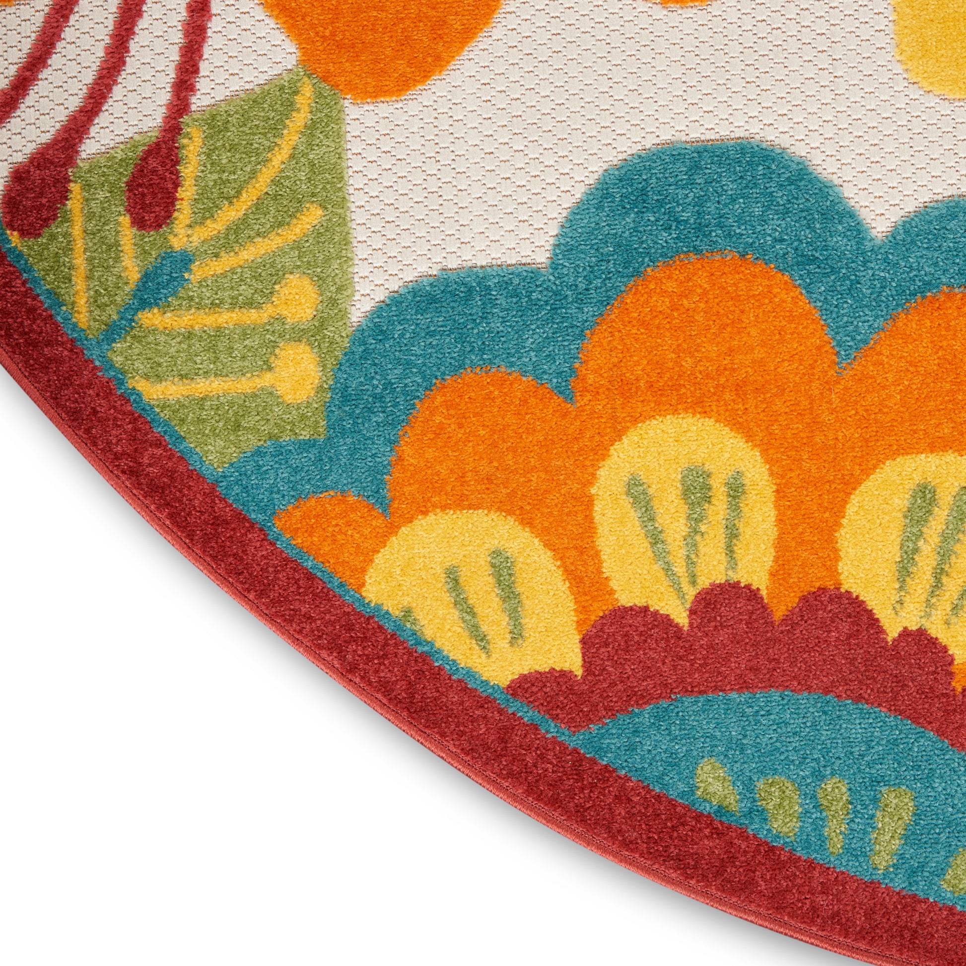 Round floral rug, 5 ft diameter, with teal, orange & yellow petals & a red border; woven texture.