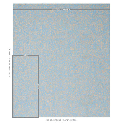 Powder blue wallpaper with gold damask scroll pattern, ornate floral motif and visible repeat grid.