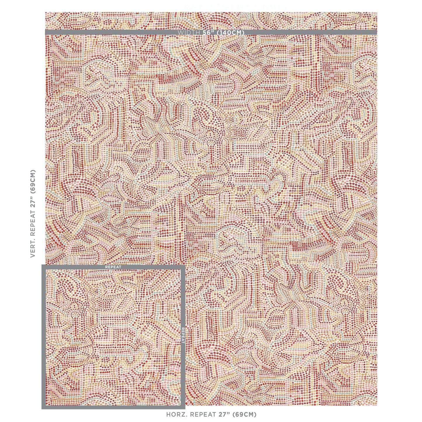 Pink and beige dotted geometric textile pattern with abstract tile motifs; repeat design.