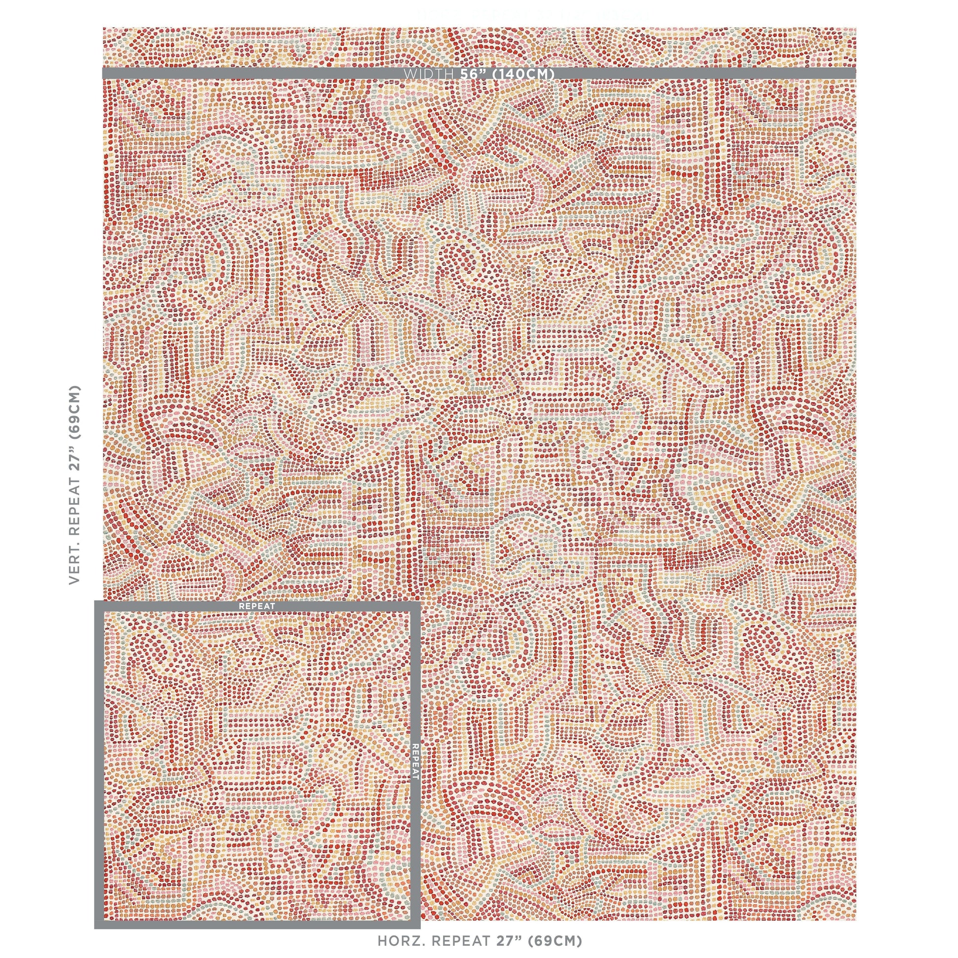 Pink and beige dotted geometric textile pattern with abstract tile motifs; repeat design.