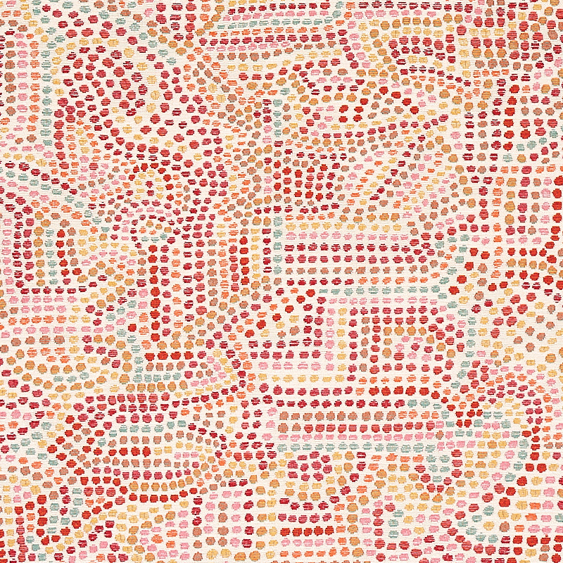 Close-up of a multicolor dot-mosaic fabric with coral, peach, pink, orange and mint dots forming geometric swirls on cream.