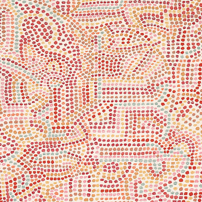 Close-up of a multicolor dot-mosaic fabric with coral, peach, pink, orange and mint dots forming geometric swirls on cream.