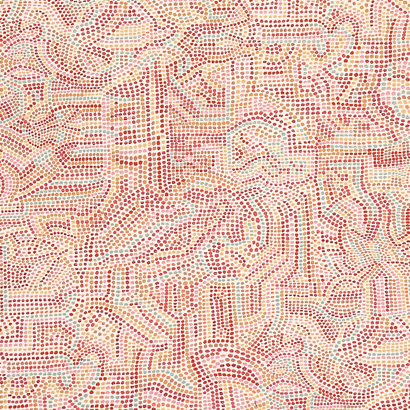 Warm abstract dotted mosaic fabric pattern in pink, coral, peach, cream and yellow; bead-like texture.