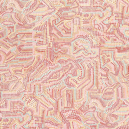Warm abstract dotted mosaic fabric pattern in pink, coral, peach, cream and yellow; bead-like texture.