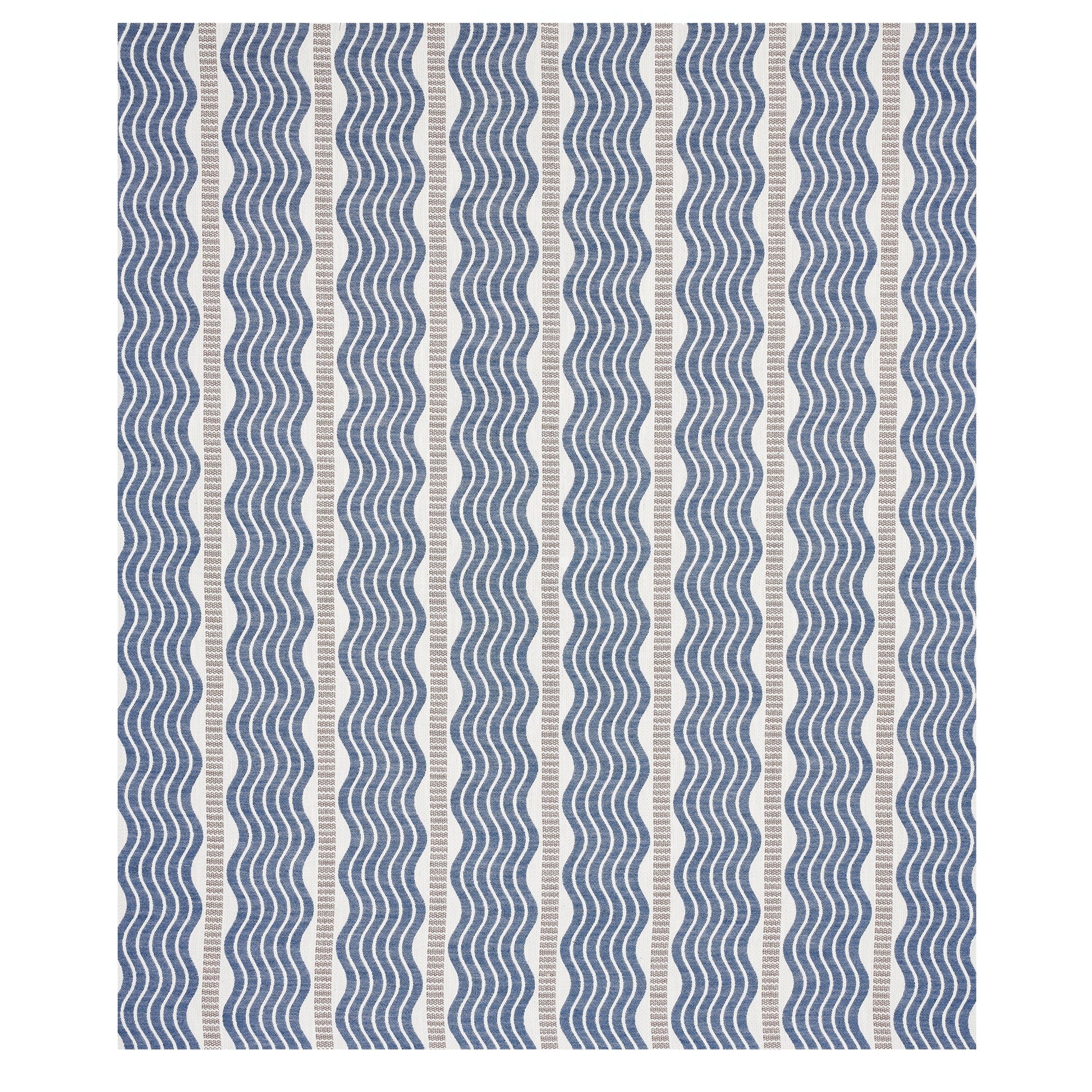 Blue wavy vertical stripes on a light beige background; textile fabric pattern.